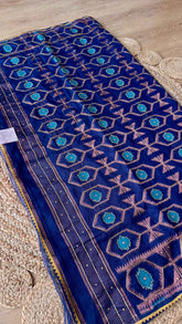 Royal Blue Handcrafted Kardana Jamdani Saree with Blouse Piece