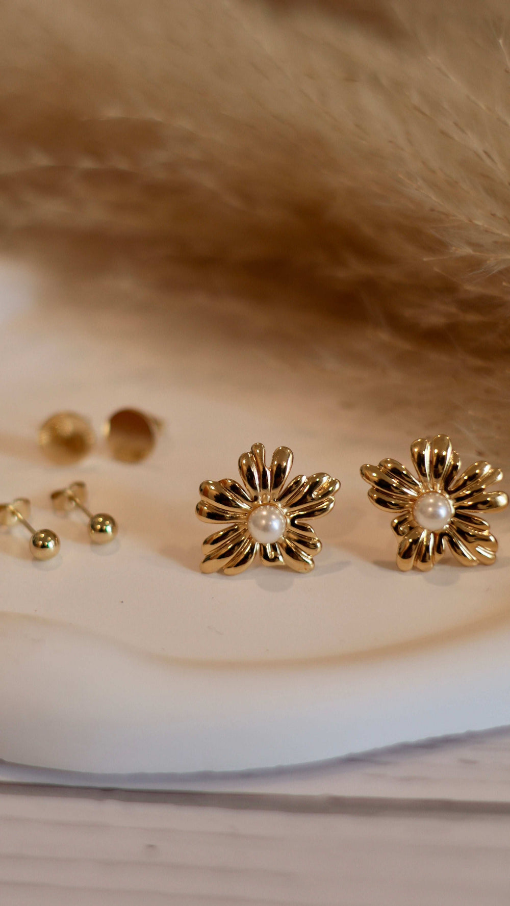 Modern Gold Flower & Ball Stud Set with Pearl Accent - Set of 3 - Occean By Soumali