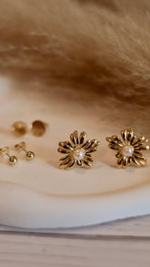 Modern Gold Flower & Ball Stud Set with Pearl Accent - Set of 3 - Occean By Soumali