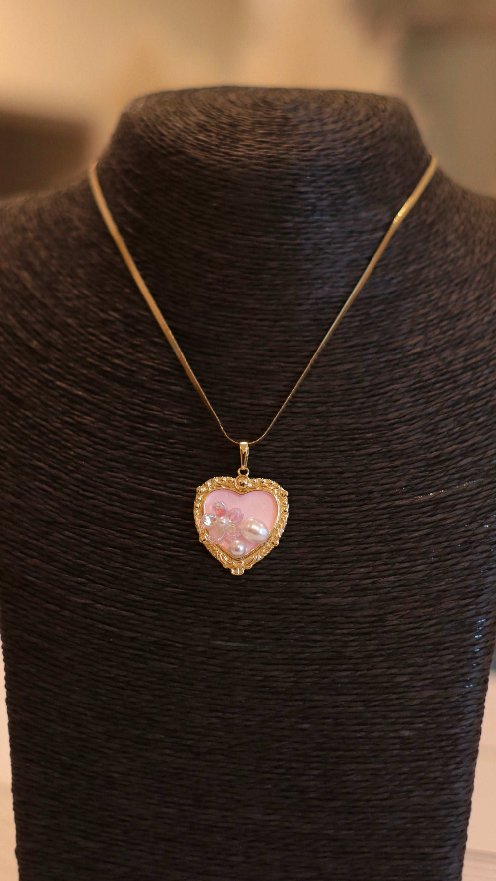 Romantic Gold Necklace with Pink Pearl Heart Charm - Occean By Soumali