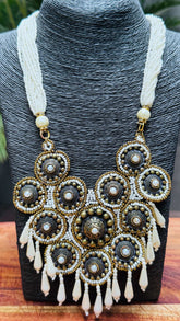 Statement Necklace and Long Earring Set with White & Bronze Beads - Occean By Soumali