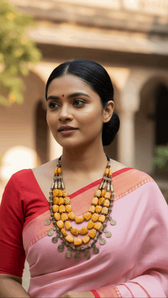 Woman wearing a tribal chunky yellow beaded necklace with drop earrings in an outdoor setting.