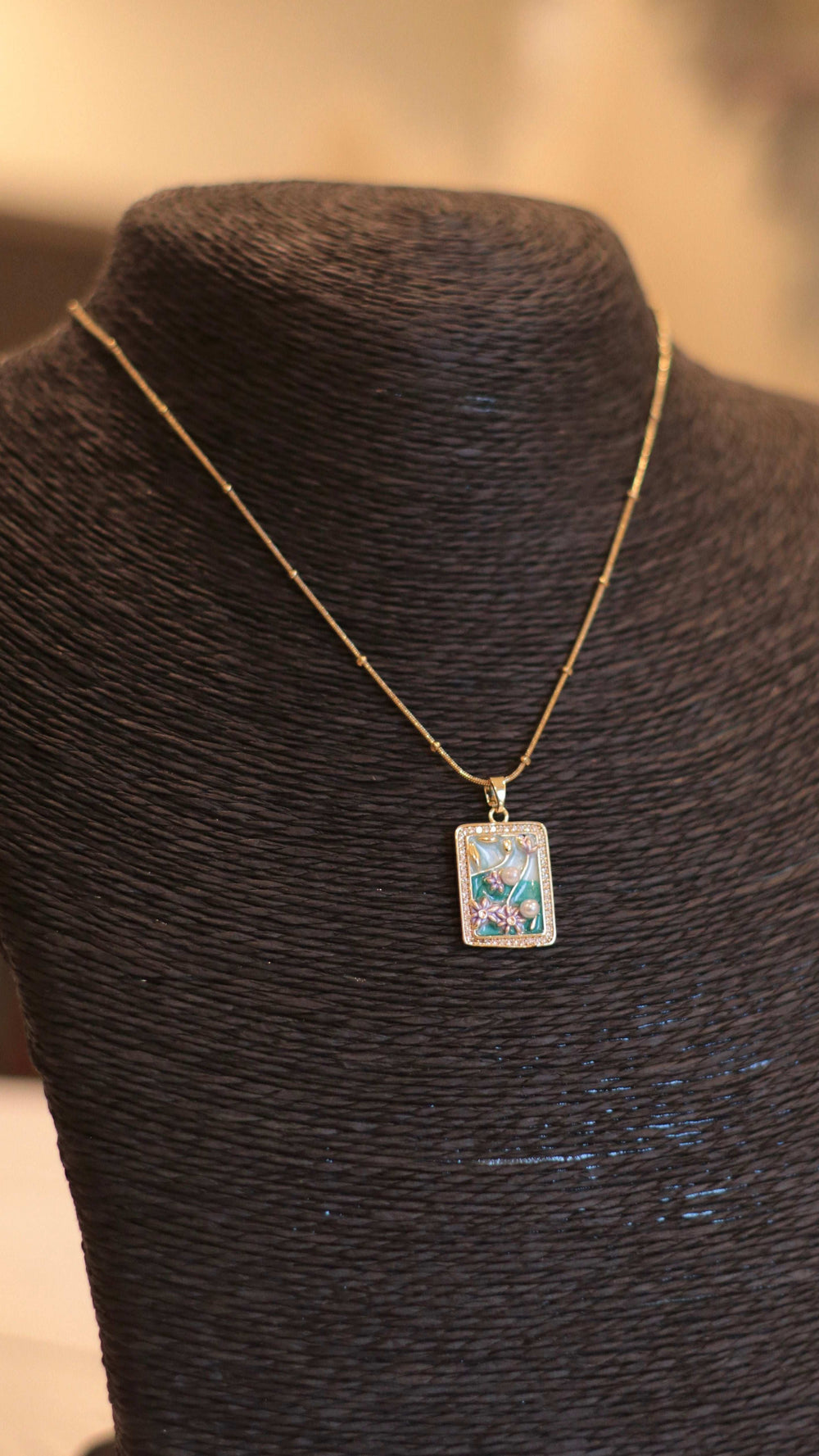 Artisan Pearl & Rhinestone Necklace with Painted Pendant - Occean By Soumali