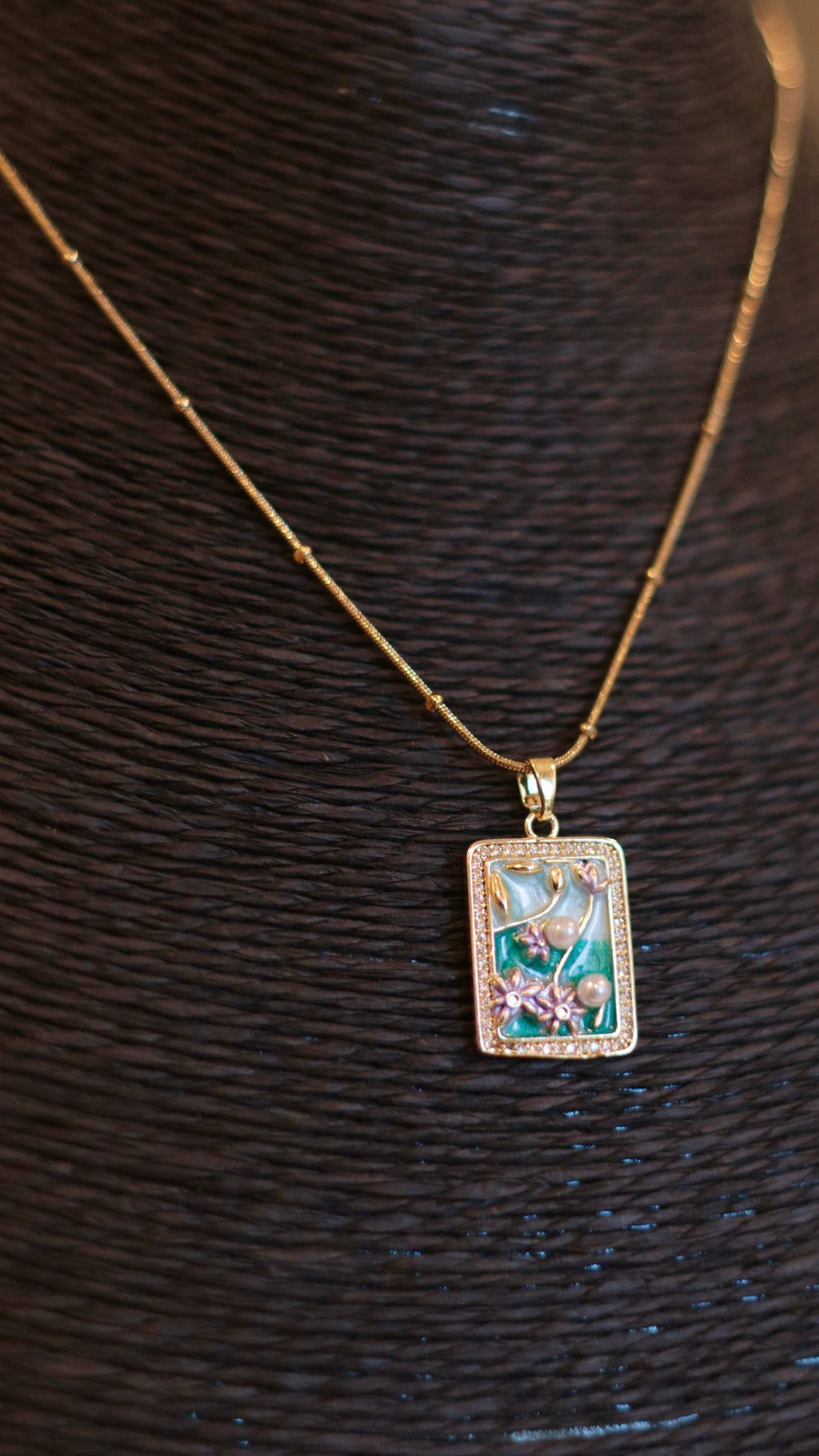 Artisan Pearl & Rhinestone Necklace with Painted Pendant - Occean By Soumali