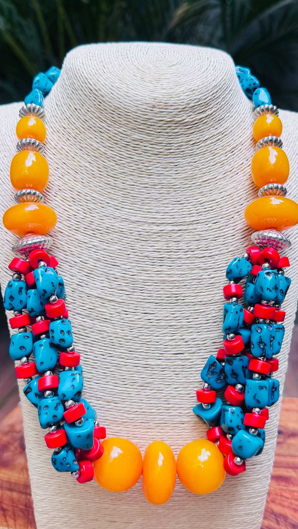 Boho Chunky Bead Statement Necklace - Turquoise & Amber - Occean By Soumali