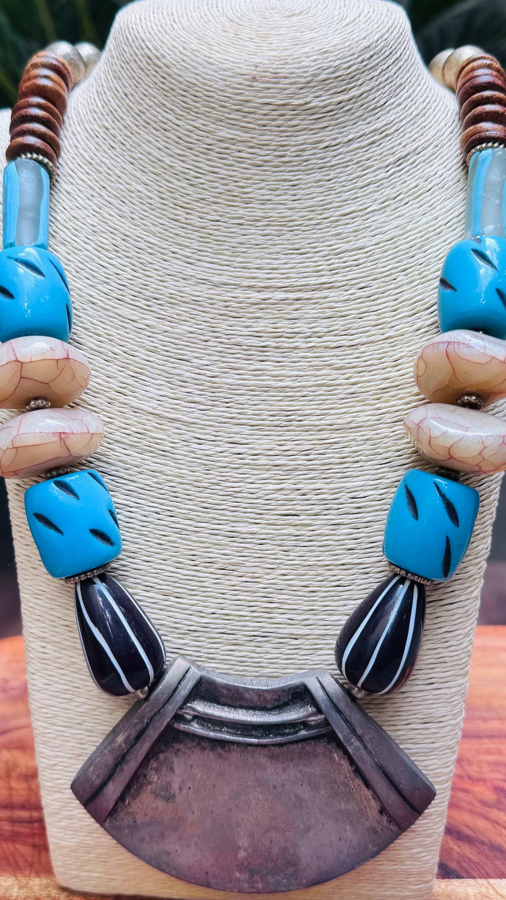 Boho Tribal Statement Necklace with Metal, Wood and Resin Beads - Occean By Soumali