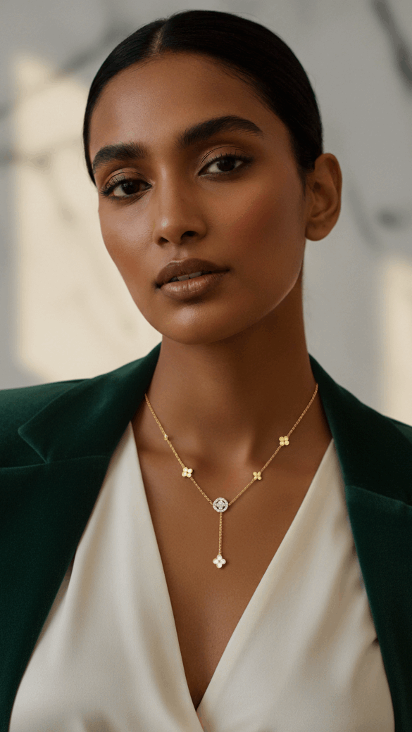 Woman wearing a green blazer and white top with a gold necklace, with text 'Every woman should desire this Anti Tarnish Chain' at the bottom.