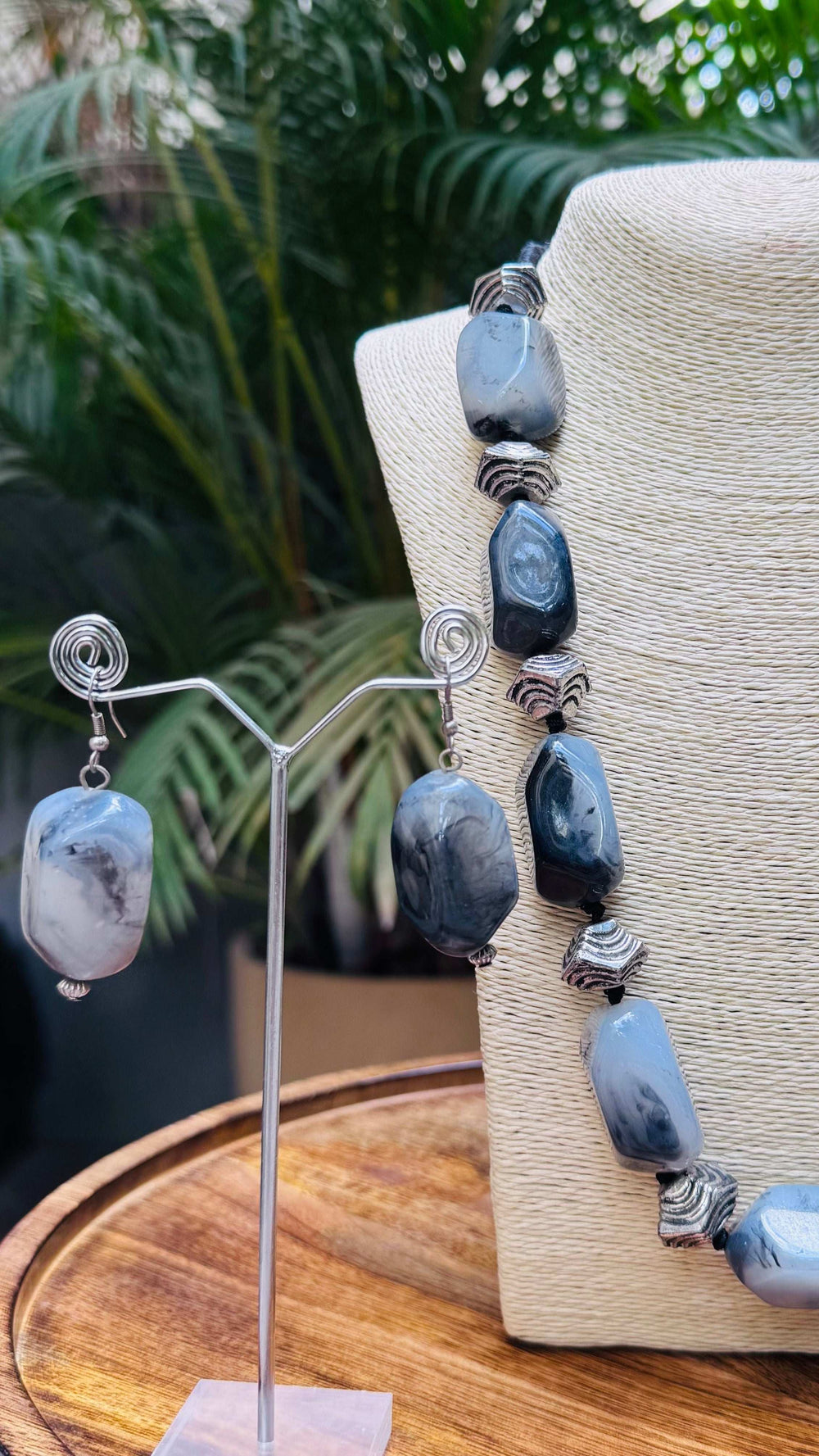 Chunky Gray Agate Bead Necklace with Matching Earrings - Occean By Soumali