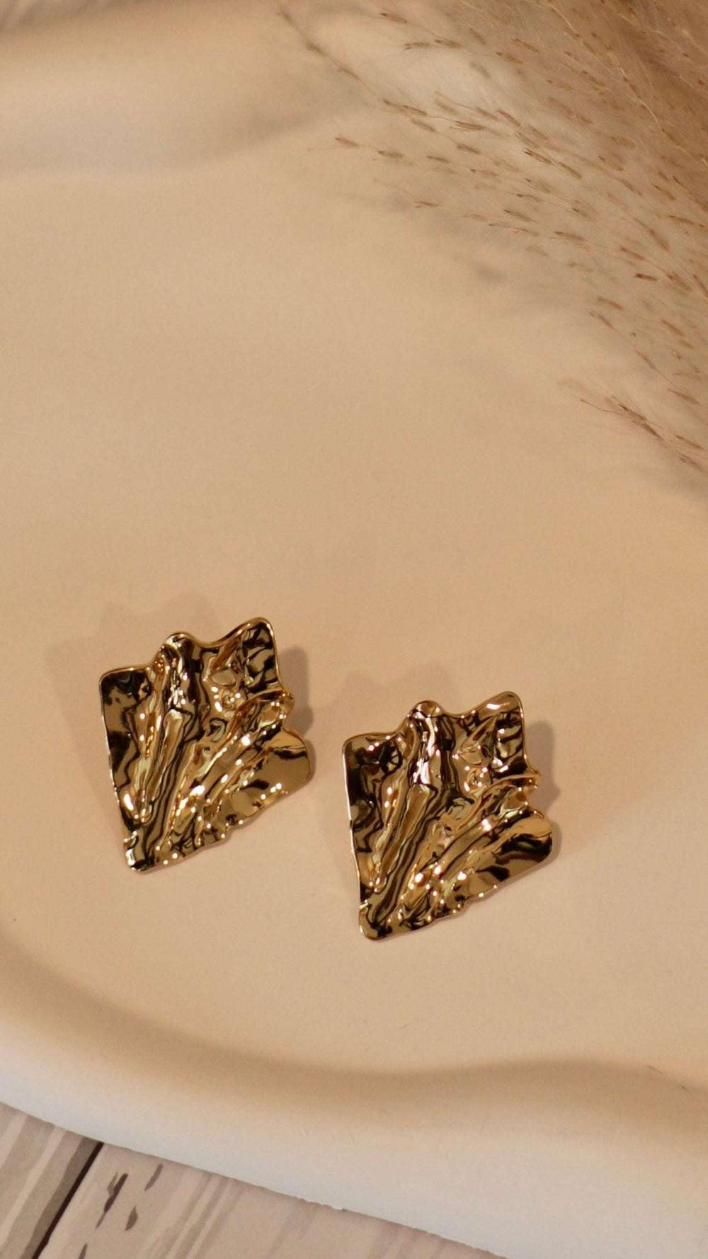 Crumpled Gold-Plated Leaf Stud Earrings - Occean By Soumali