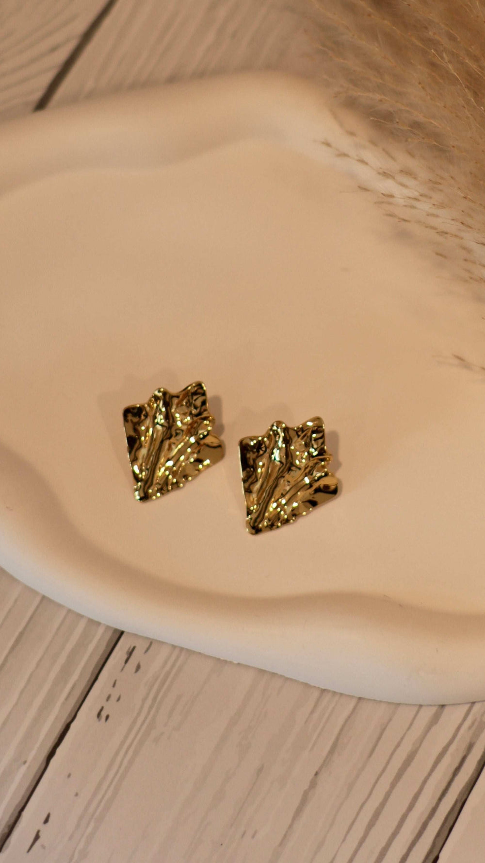 Crumpled Gold-Plated Leaf Stud Earrings - Occean By Soumali