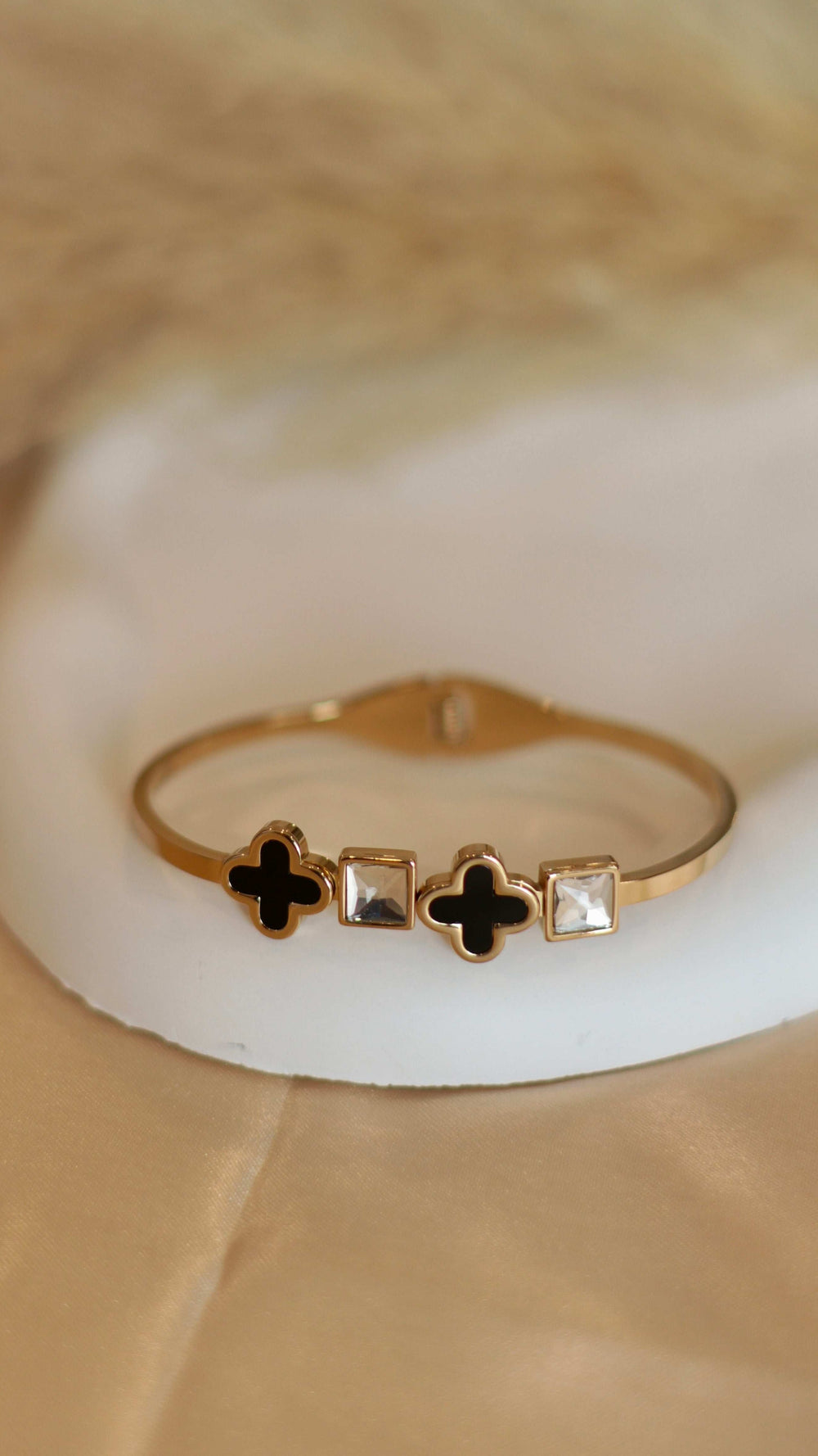Elegant 18K Gold Plated Anti-Tarnish Clover Bangle with Black Enamel and Crystal Accents - Occean By Soumali