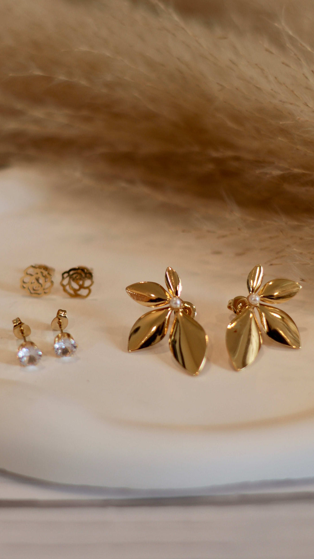 Elegant Gold Floral Studs with Clear Gemstone - Set of 3 - Occean By Soumali