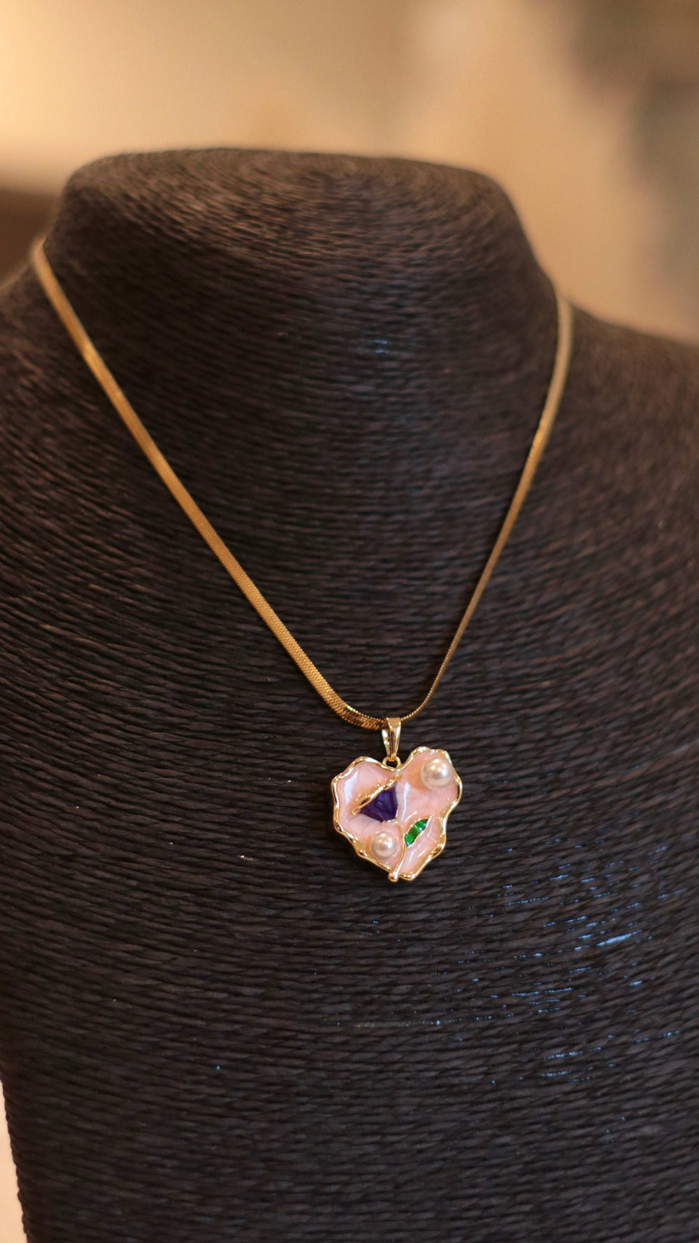Elegant Gold Herringbone Necklace with Hand-Painted Pink Heart Pendant - Occean By Soumali