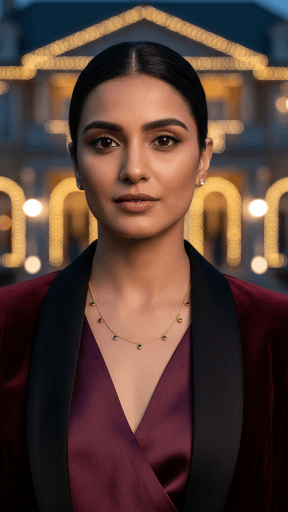 Woman wearing a burgundy outfit with gold choker in front of a decorated house at night.