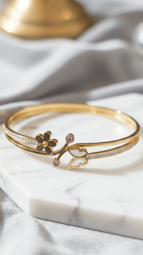 Gold Plated Flower & Butterfly Cuff Bracelet | Crystal Embellished Bracelet