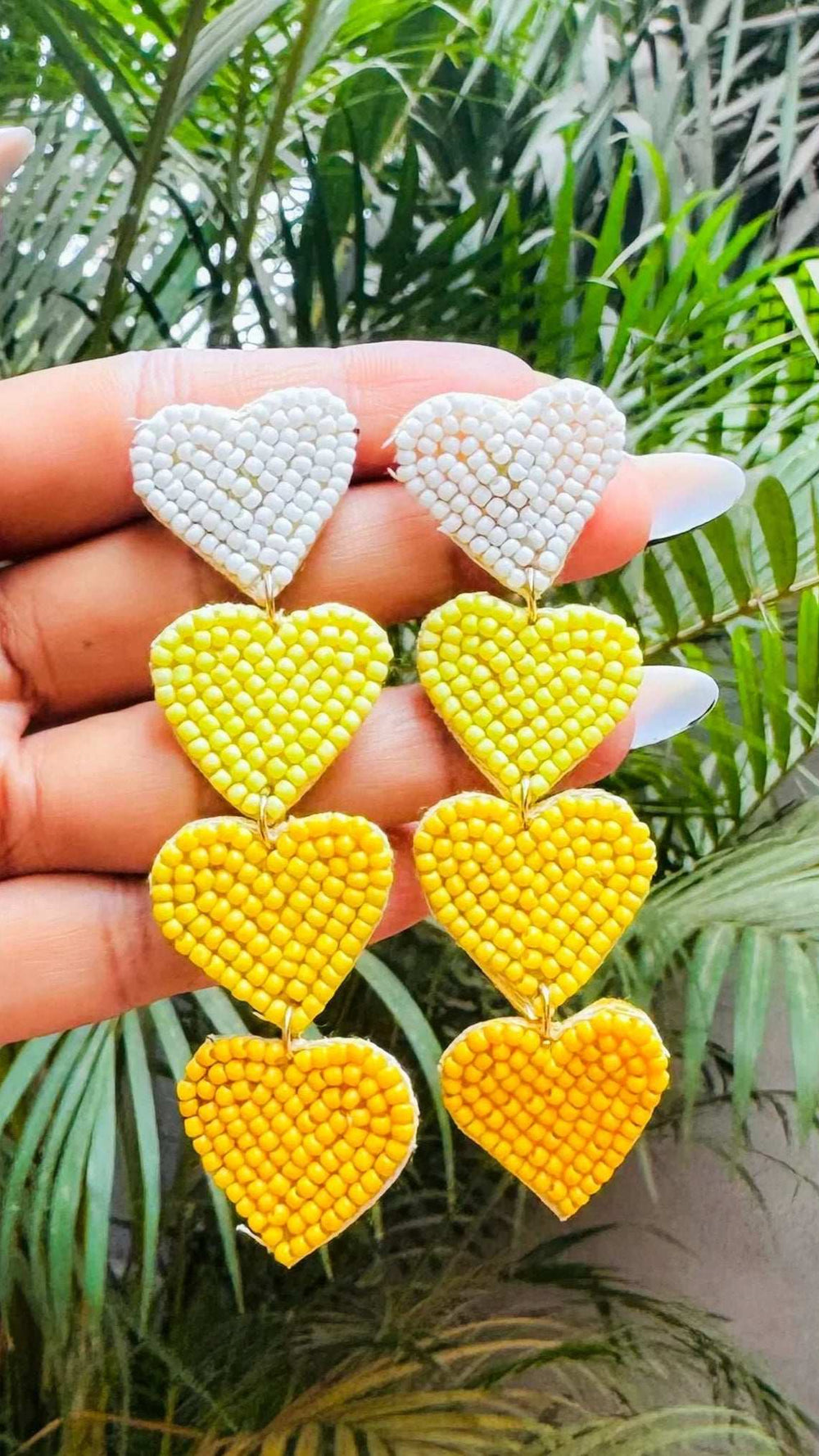 Handmade Beaded Heart Drop Earrings - White & Yellow - Occean By Soumali
