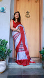Authentic Grey & Red Dhonekhali Cotton Saree with Traditional Thread Work