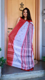 Authentic Grey & Red Dhonekhali Cotton Saree with Traditional Thread Work