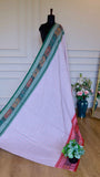 Authentic White Handloom Cotton Saree with Red & Green Ganga Jamuna Border