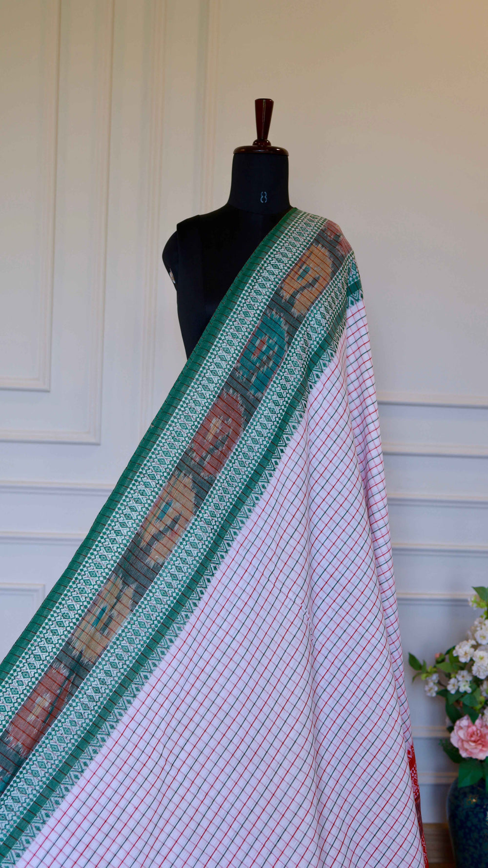 Authentic White Handloom Cotton Saree with Red & Green Ganga Jamuna Border
