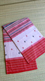 Elegant Pinkish White and Red Handloom Cotton Saree with Intricate Thread Work