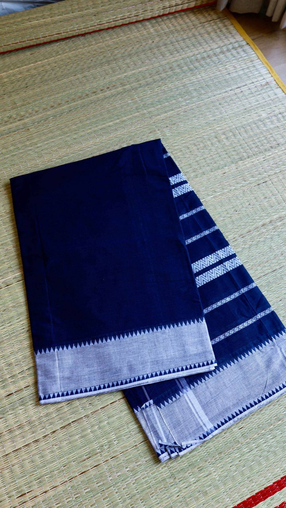Deep Navy Handloom Cotton Saree with Intricate Silver Thread Work
