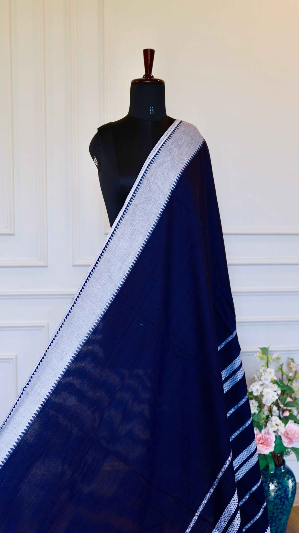Deep Navy Handloom Cotton Saree with Intricate Silver Thread Work