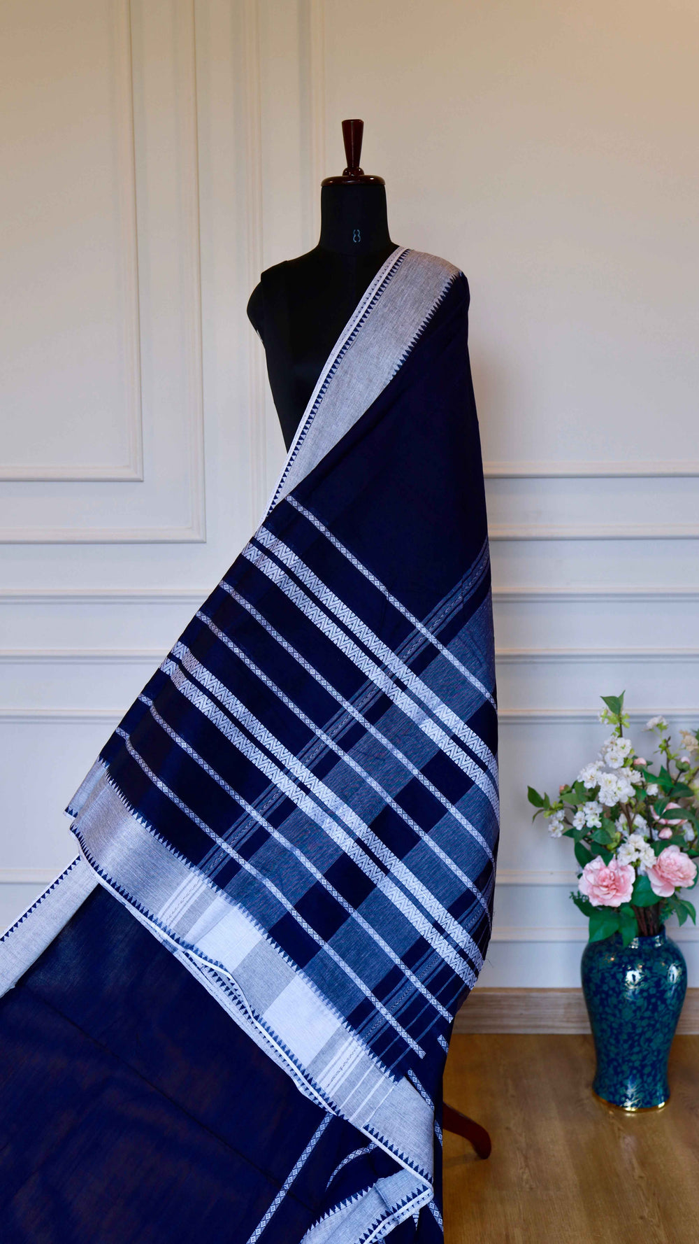 Deep Navy Handloom Cotton Saree with Intricate Silver Thread Work