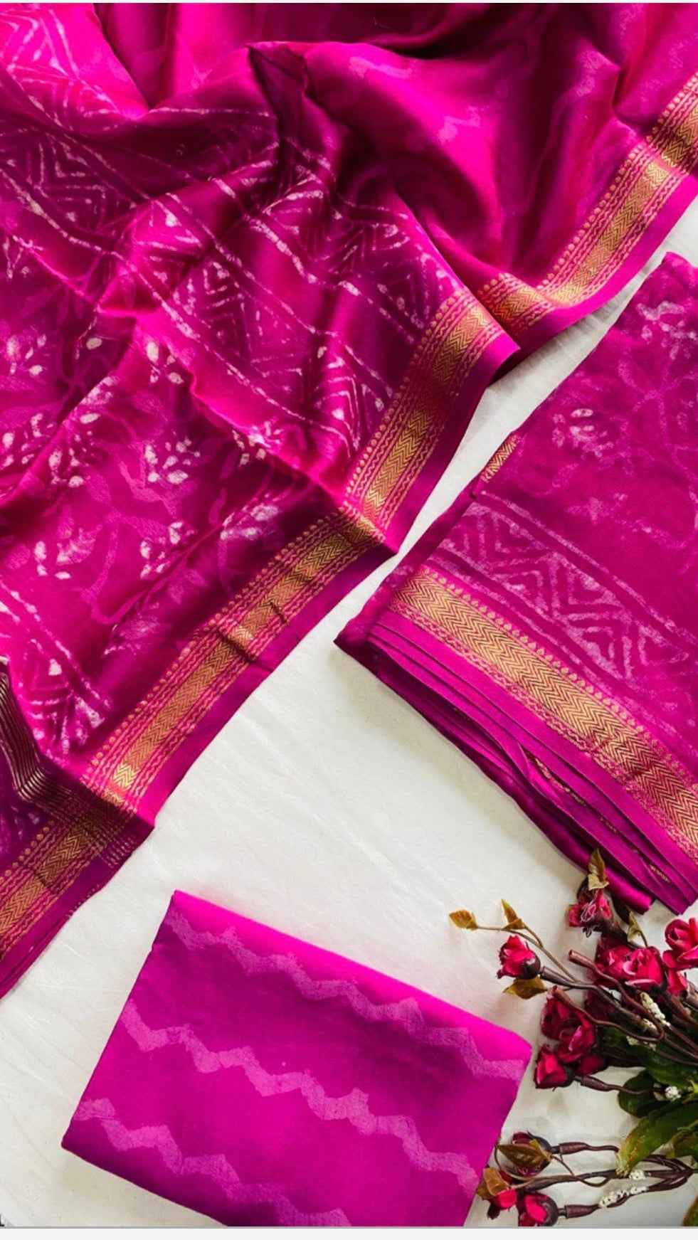 The Magenta Bloom: Hand-Block Batik Maheshwari Silk Suit