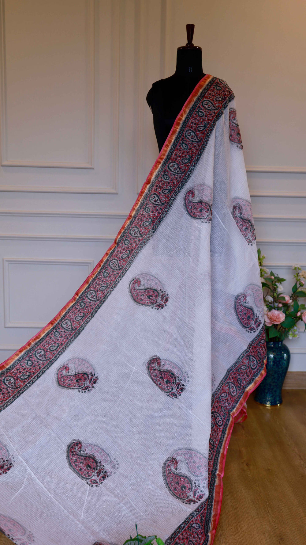 Handblock Bagru Printed Kota Doria Pure Cotton Saree with Zari Border – White & Pink Paisley Edition