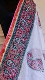 Handblock Bagru Printed Kota Doria Pure Cotton Saree with Zari Border – White & Pink Paisley Edition