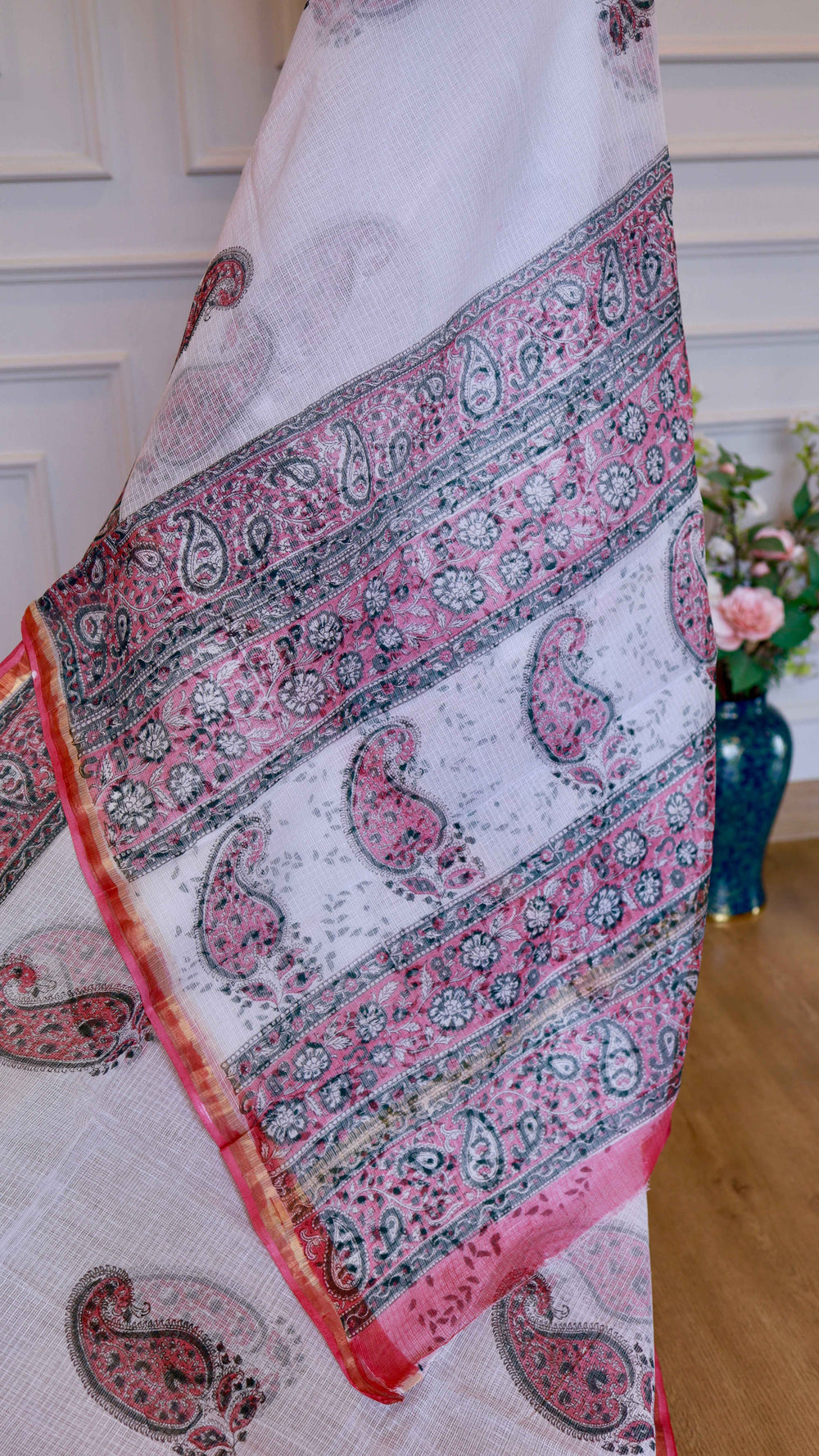 Handblock Bagru Printed Kota Doria Pure Cotton Saree with Zari Border – White & Pink Paisley Edition