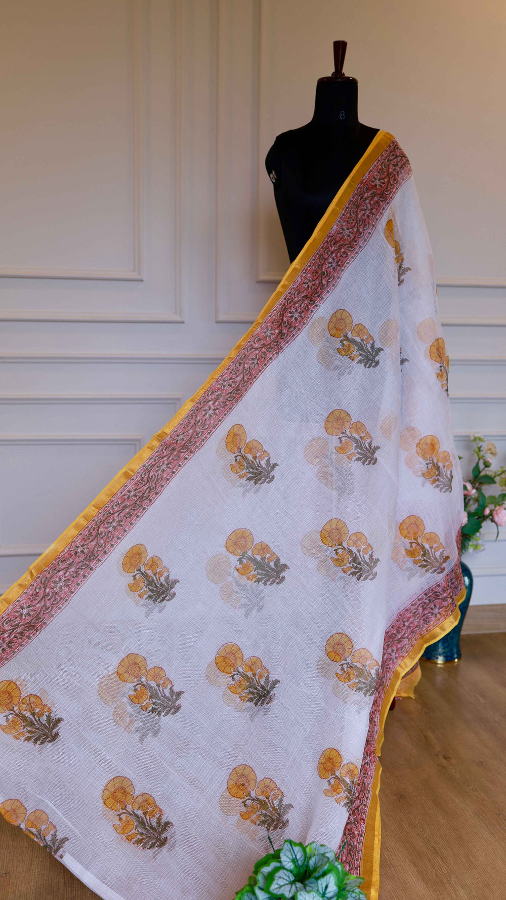Ivory White and Blush Pink Bagru Printed Kota Doria Pure Cotton Saree with Mustard Floral Bootis & Sleek Zari Border