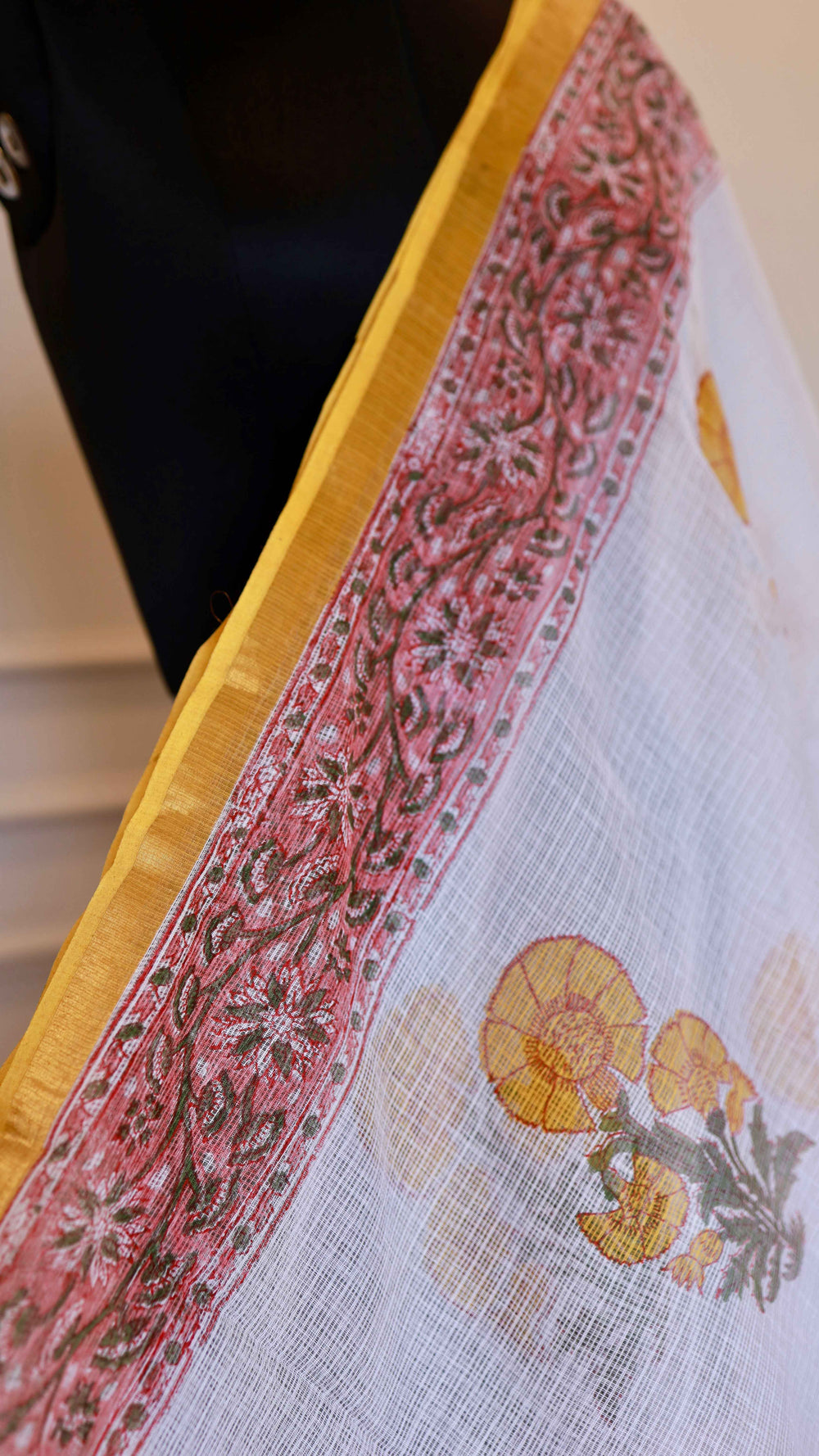 Ivory White and Blush Pink Bagru Printed Kota Doria Pure Cotton Saree with Mustard Floral Bootis & Sleek Zari Border