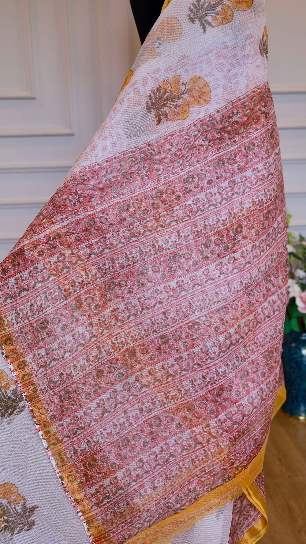 Ivory White and Blush Pink Bagru Printed Kota Doria Pure Cotton Saree with Mustard Floral Bootis & Sleek Zari Border