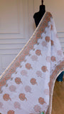 White Handblock Bagru Printed Kota Doria Saree with Peach and Olive-Green Traditional Motifs