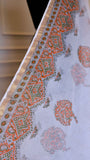 White Handblock Bagru Printed Kota Doria Saree with Peach and Olive-Green Traditional Motifs