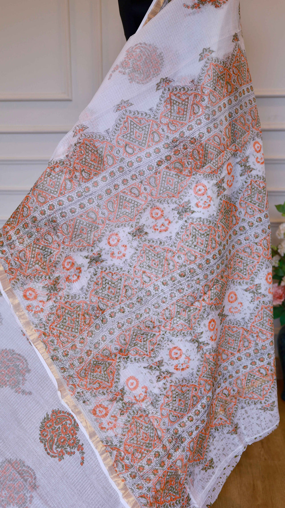 White Handblock Bagru Printed Kota Doria Saree with Peach and Olive-Green Traditional Motifs