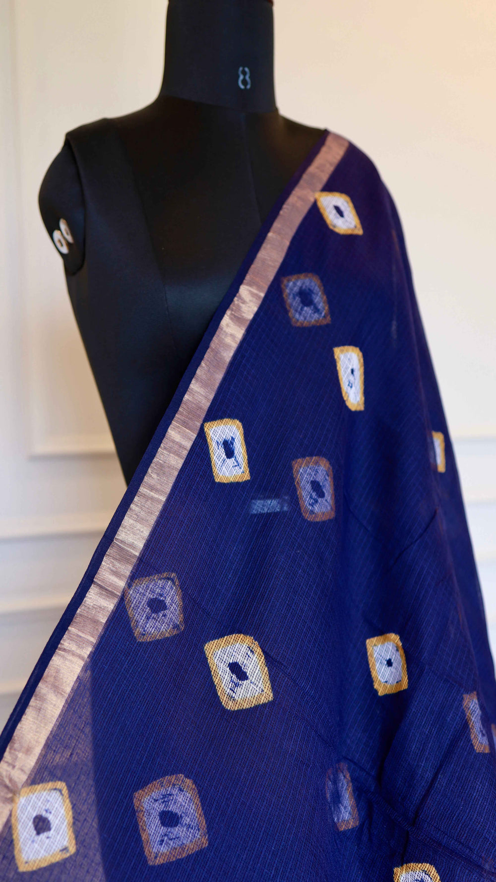Handblock Bagru Printed Kota Doria Pure Cotton Saree with Sleek Zari Border – Indigo