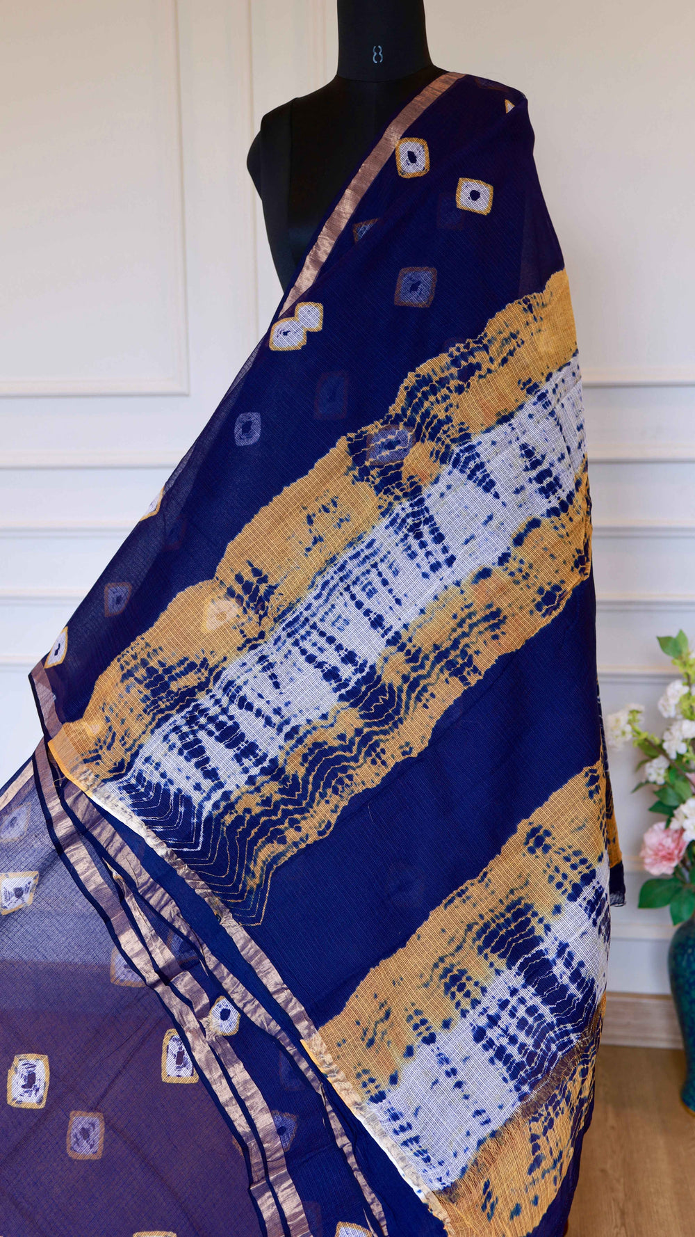 Handblock Bagru Printed Kota Doria Pure Cotton Saree with Sleek Zari Border – Indigo