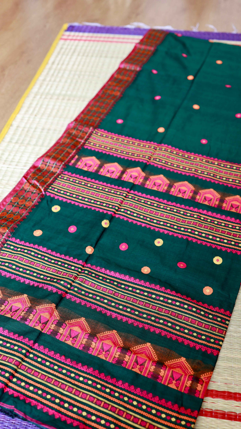 Deep Bottle Green Baluchari Cotton Saree with Traditional Temple Motif Pallu