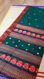 Deep Bottle Green Baluchari Cotton Saree with Traditional Temple Motif Pallu