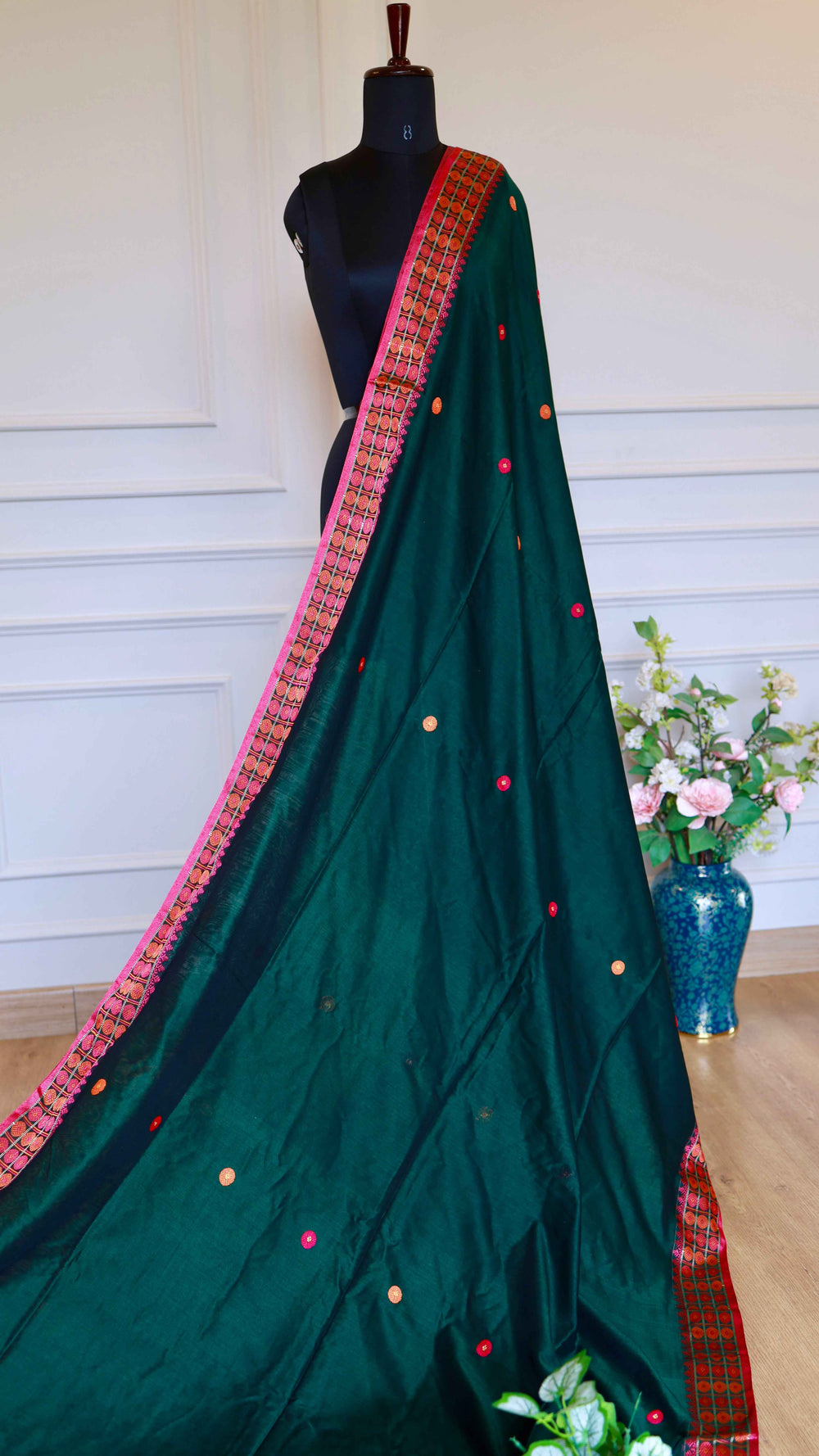 Deep Bottle Green Baluchari Cotton Saree with Traditional Temple Motif Pallu