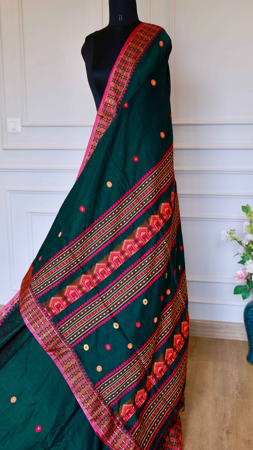 Deep Bottle Green Baluchari Cotton Saree with Traditional Temple Motif Pallu