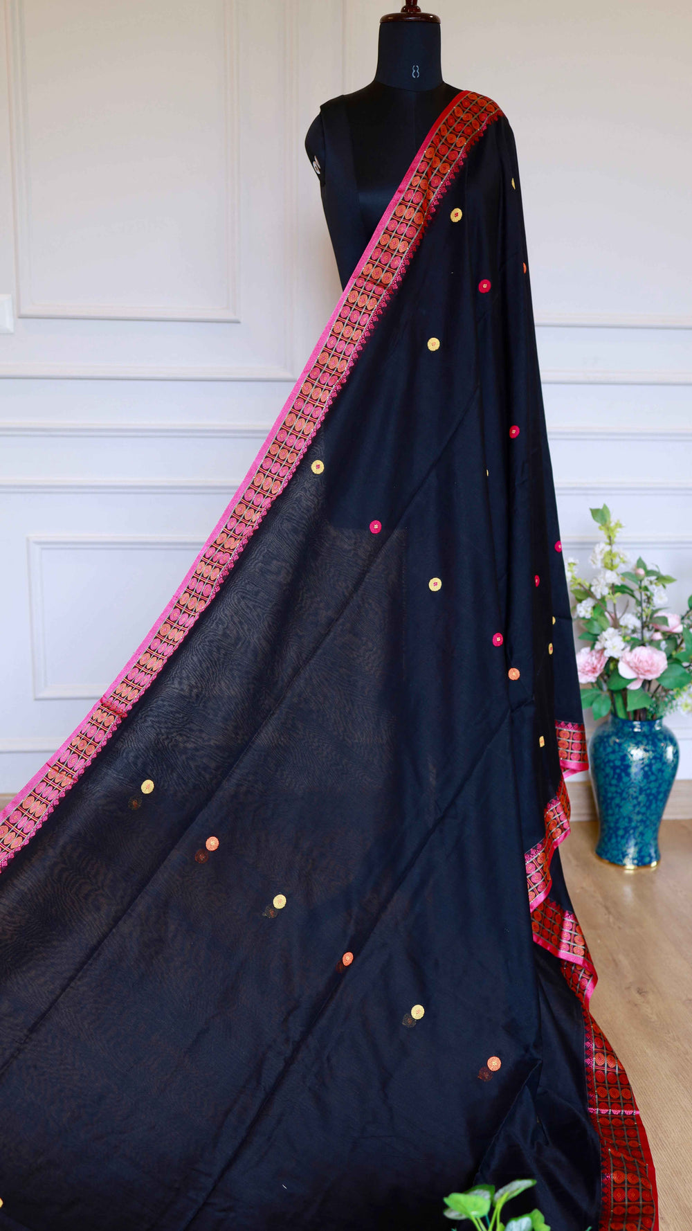 Midnight Black Baluchari Cotton Saree with Magenta & Orange Handwoven Bootis