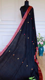Midnight Black Baluchari Cotton Saree with Magenta & Orange Handwoven Bootis