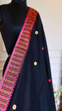 Midnight Black Baluchari Cotton Saree with Magenta & Orange Handwoven Bootis