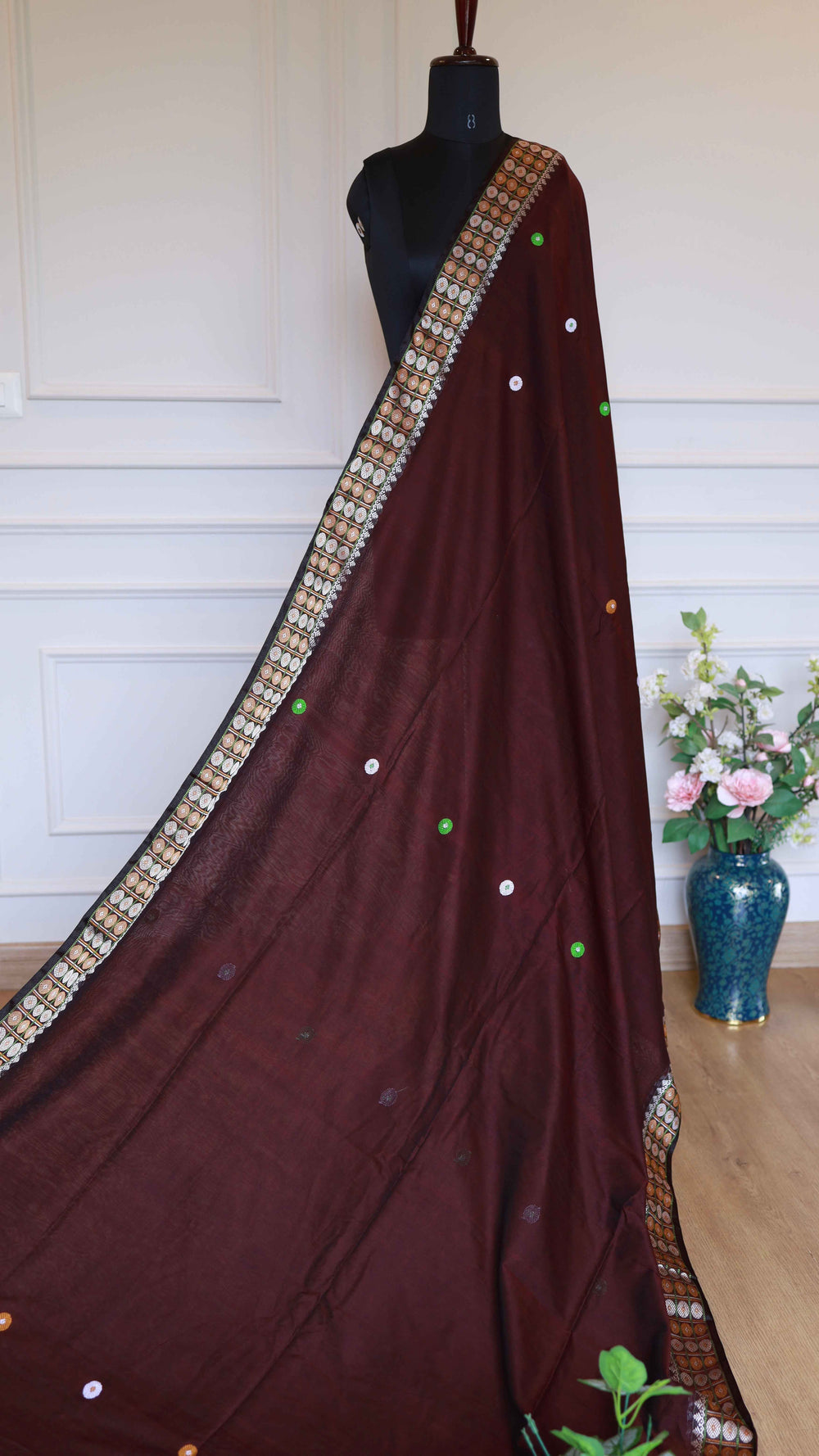 Coffee Brown Baluchari Cotton Saree with Multicolored Geometric Temple Motifs