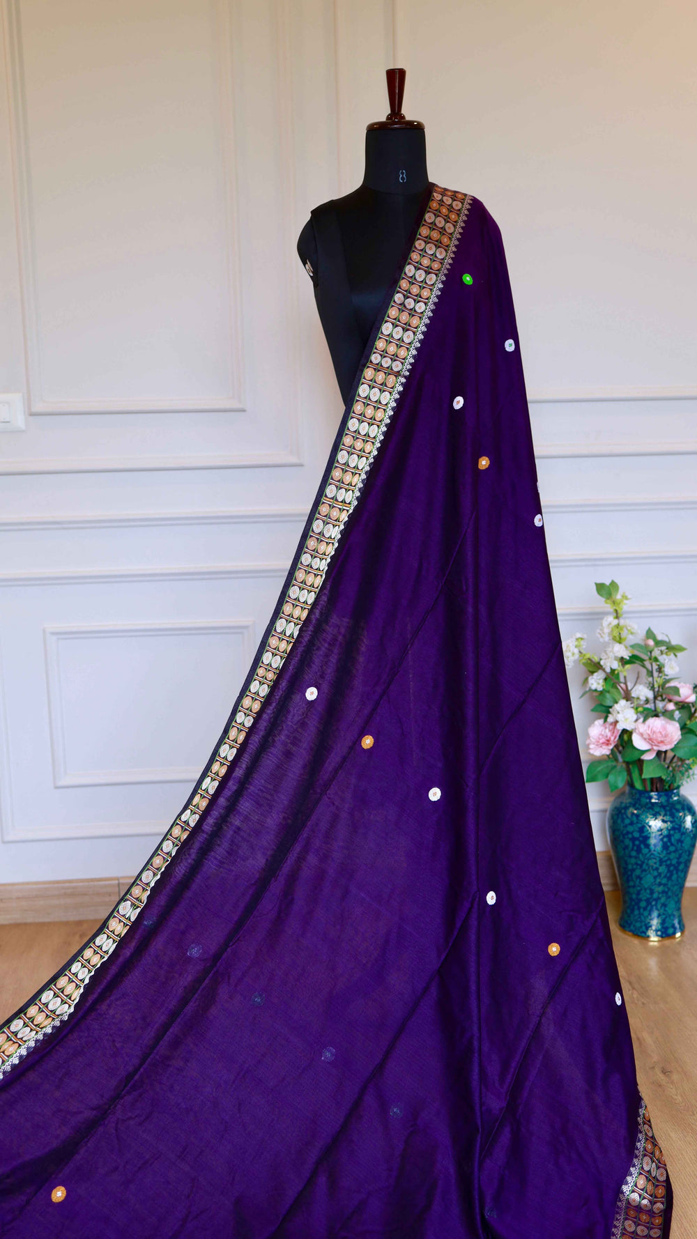 Deep Purple Baluchari Cotton Saree with Traditional Hut Motif Border