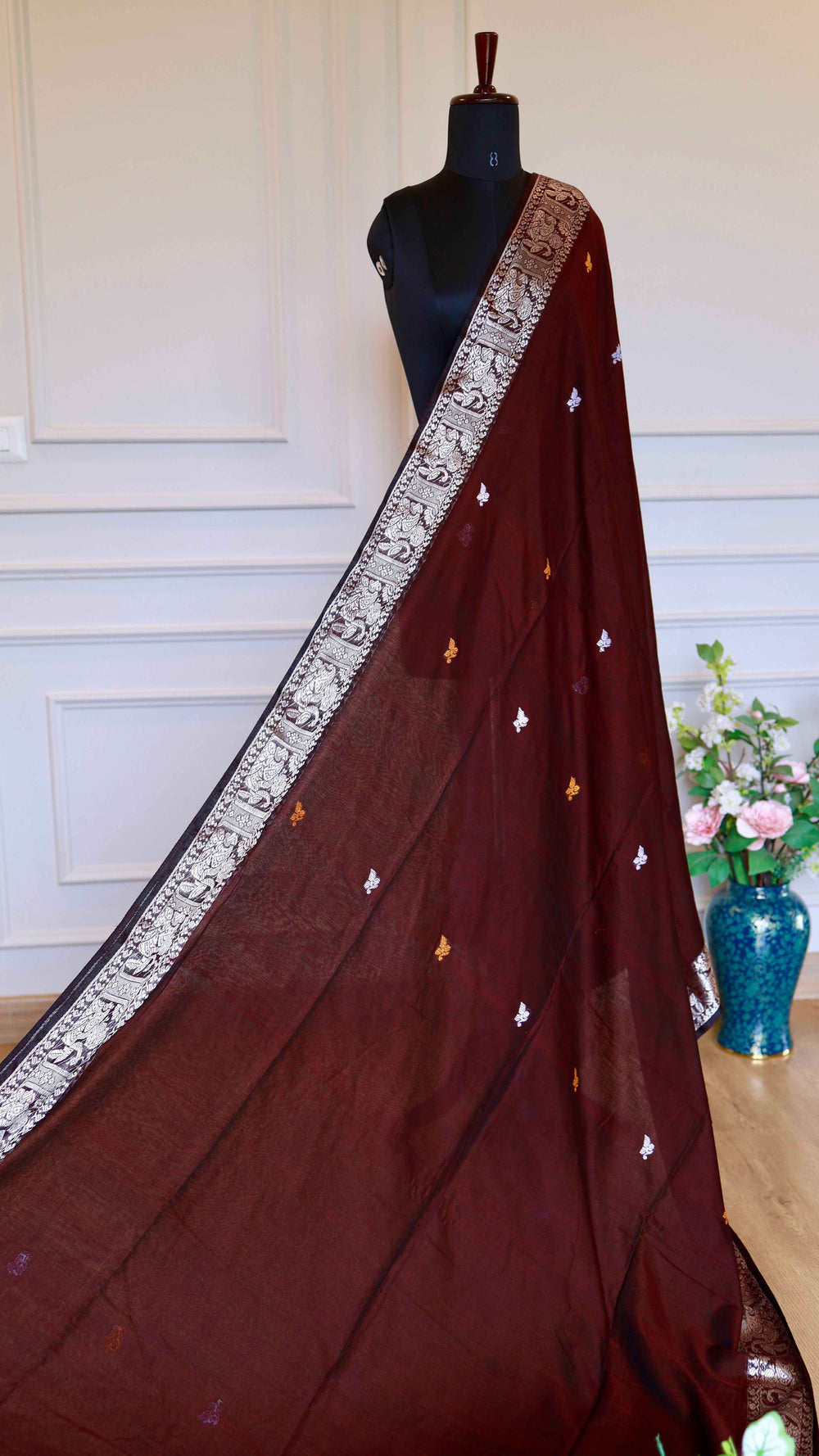Coffee Maroon Baluchari Cotton Saree with Traditional Mythological Pallu Motifs